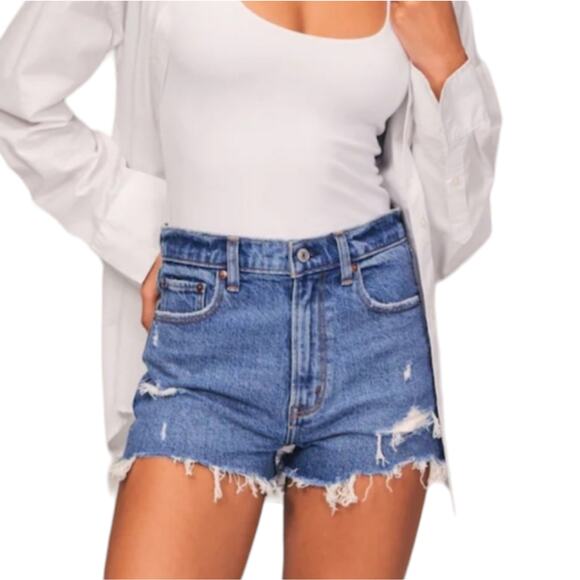 Abercrombie Fitch High Rise Medium Wash Cut Off Mom Shorts Size